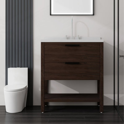 Meuble-lavabo autoportant de 91 cm (36 po) avec lavabo, tiroir à fermeture amortie, comptoir et dosseret en marbre reconstitué blanc de Carrare de 5 cm (2 po), contreplaqué