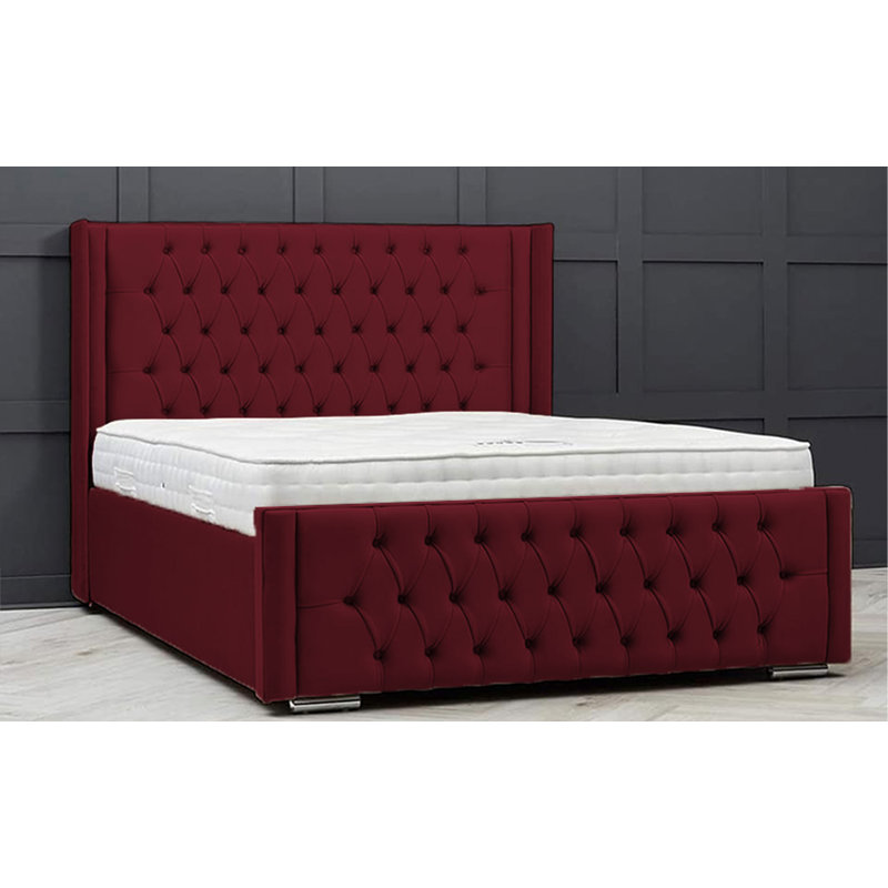 Lucio Velvet Upholstered Bed Frame - Curved Headboard, Sprung Slatted Base, Double (4'6), Burgundy
