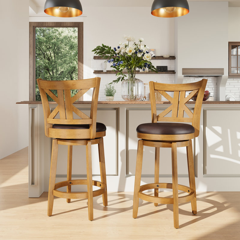  26" Farmhouse Upholstered Wood Counter Stool With K-shaped Back And Faux Leather (Set of 2), 2