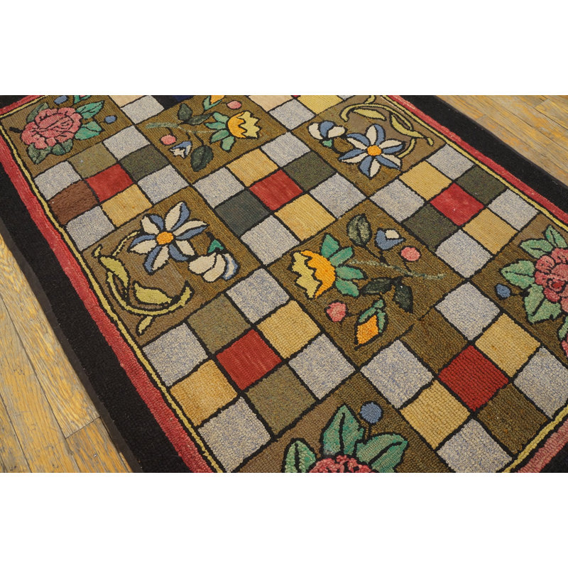 Small Scatter Size Antique Geometric Checkered Floral Pattern American Hooked Folk Art Rug