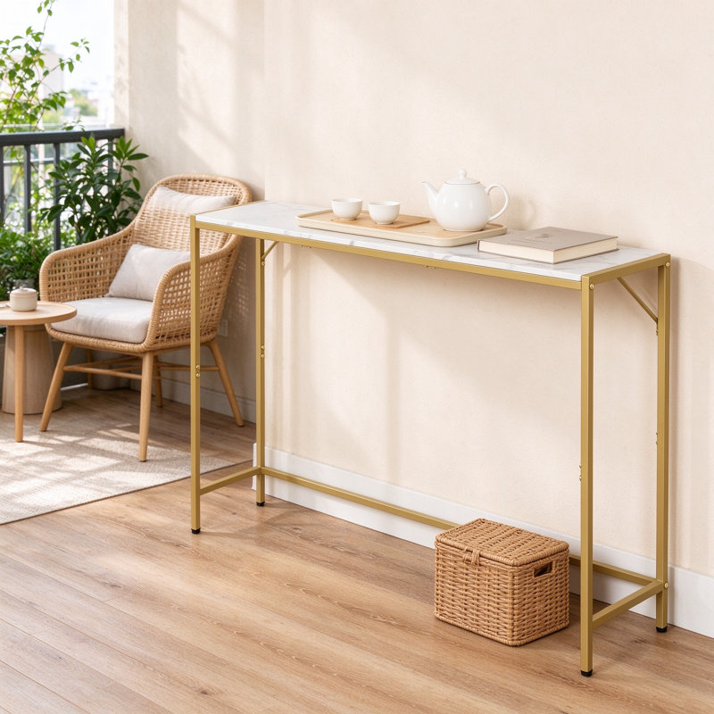 Console étroite avec prises et ports USB, table de canapé en marbre avec structure en métal, table d'entrée pour le salon et le couloir