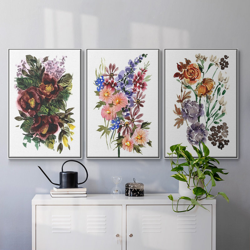 "Garden Bouquets I", reproduction sur toile 3 pièces, Blanc, H 36 po x l 72 po x P 2 po