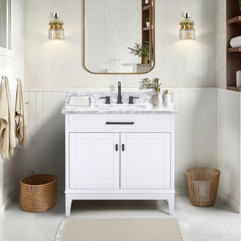 Meuble-lavabo simple 36 po avec plateau Anglet, Blanc de Carrare, Blanc