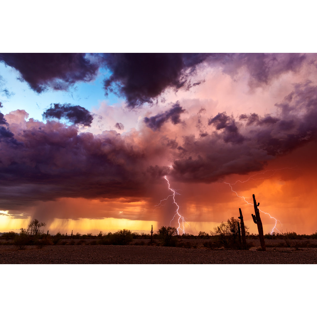 Leinwandbild Blitzeinschläge eines Gewitters bei Sonnenuntergang in der Wüste von Arizona