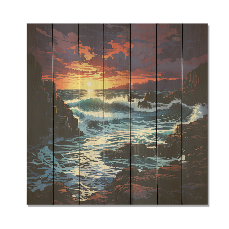 Coastline Sunset At The Rocky Beach - Coastal Sunset On Wood Print, 36" H x 36" W