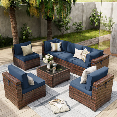 Ensemble de conversation modulaire en rotin 7 pièces avec coussins Keyala