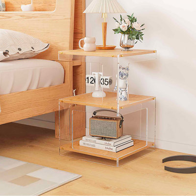 Bedside Side Table 3‑Tier Open Storage Tea Table Square Acrylic Freestanding End Table for Bedroom Living Room Log Color 15.7"x15.7"x23.6"