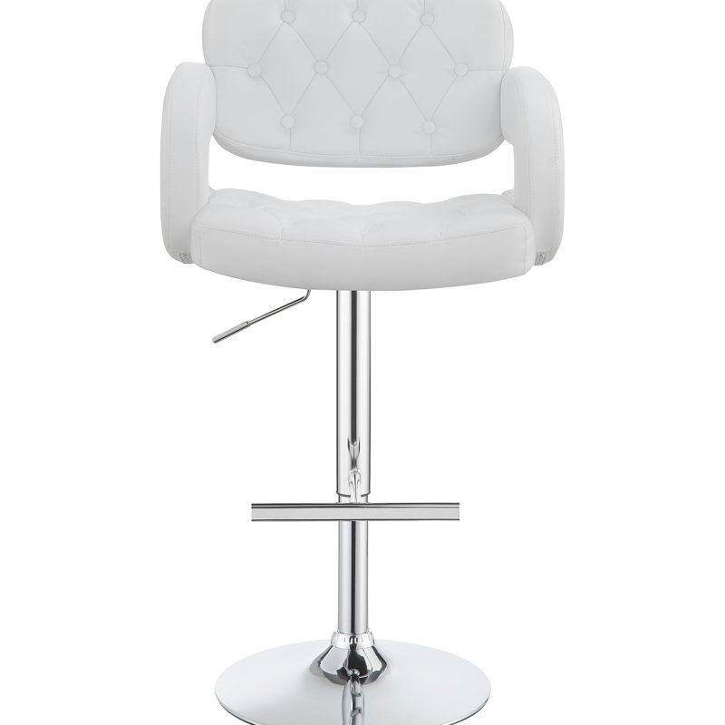 Tabouret de bar réglable de couleur blanche, rembourré pour un siège confortable, base piédestal, dossier ouvert dans la salle à manger avec teinte, confort