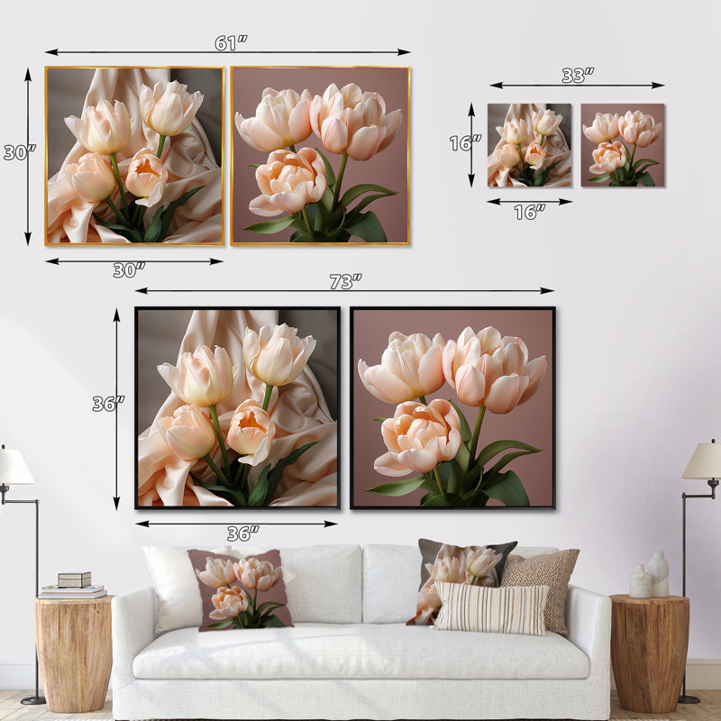 «Soft Neutral Tones Tulips Tranquility» 2 pièces, Cadre flottant noir, H 16 po x l 33 po