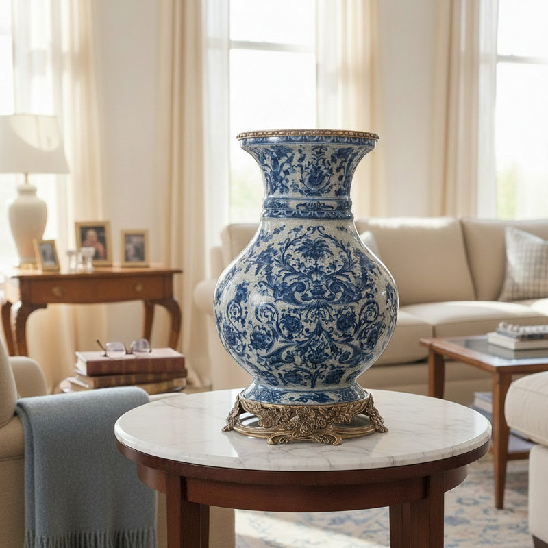 Vase en porcelaine à volutes bleues et bronze doré
