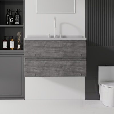 Meuble-lavabo flottant avec lavabo, tiroir à fermeture en douceur, comptoir et dosseret en marbre de granite blanc de 2 po