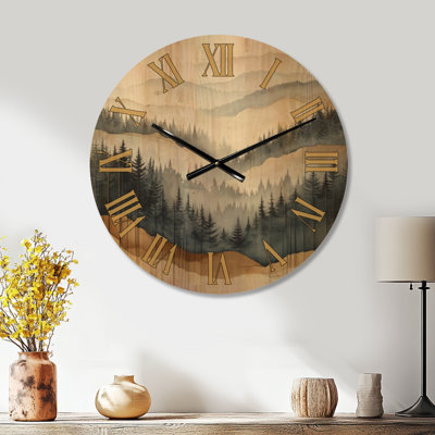 Misty Evergreen Forest VI - Scandinavian Wood Wall Clock