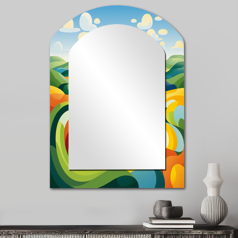 Modern Bold Farm Horizon I - Grand miroir mural arqué sur métal, 34 po x 25 po