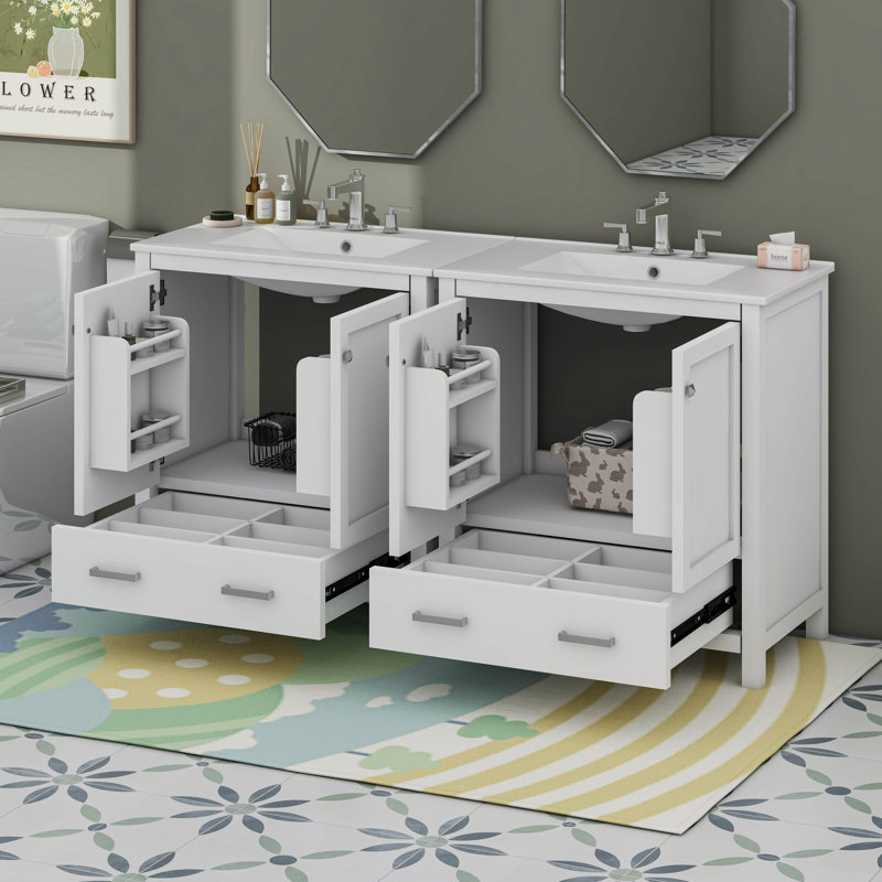 Ensemble de meuble-lavabo 60 po avec double meuble-lavabo et double lavabo en céramique, tiroirs divisés, Blanc