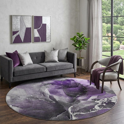 Tapis rond lavable abstrait mauve et gris anthracite 8 pi avec protection UV