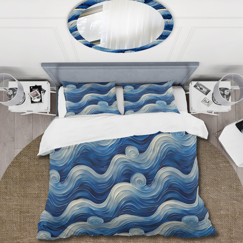 Ensemble de housse de couette bleu beige Midcentury Waves V - Midcentury, Housse de couette simple + 2 taies décoratives st