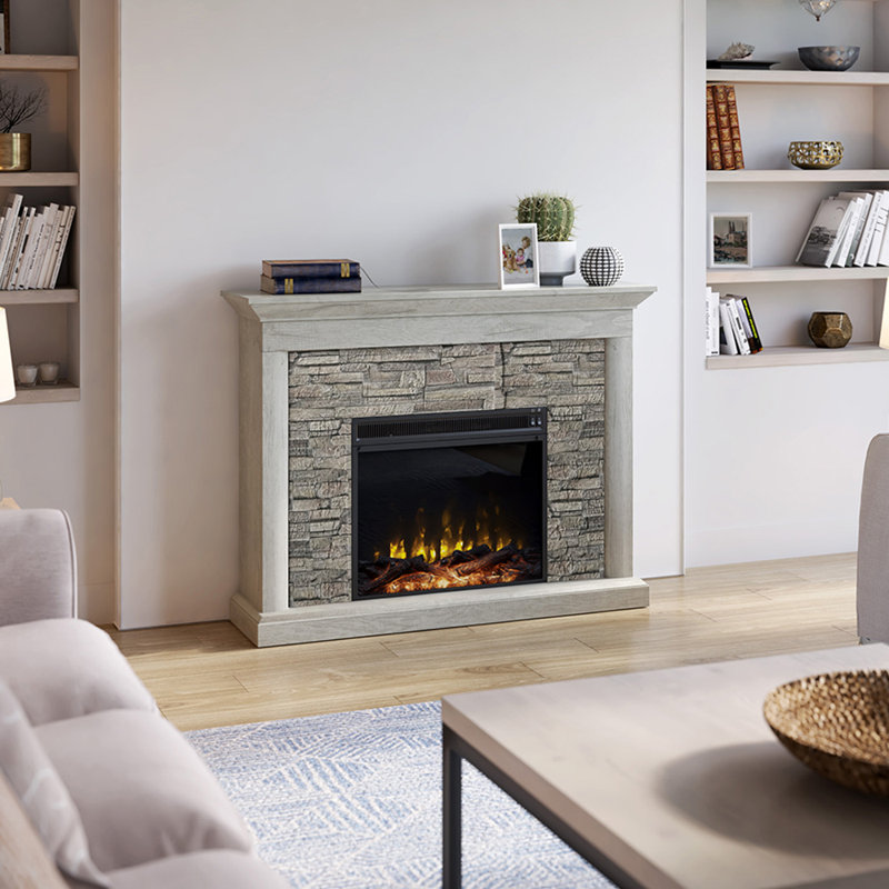 Electric Fireplace Mantel Package Rustic Stacked Stone Surround - Heat 400 SQ FT, Fairfax Oak