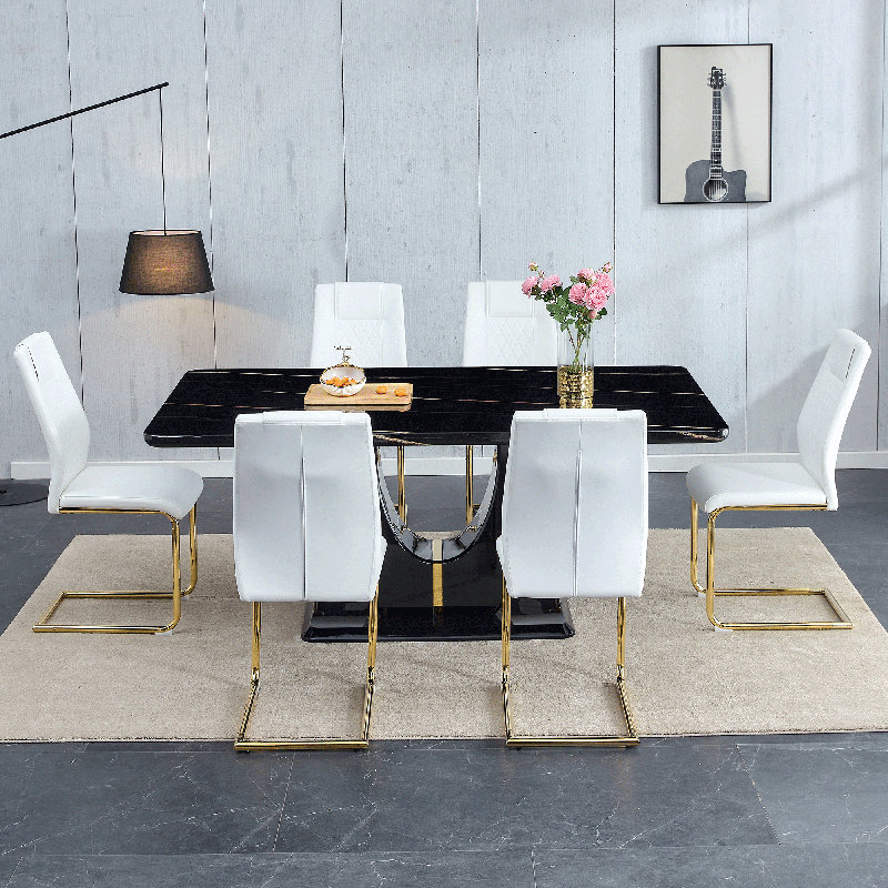 Yolunda 7 - Piece Rectangular Black Top Pedestal Dining Set, White