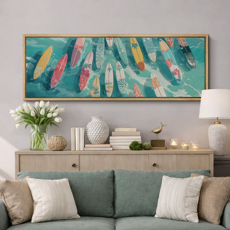«Surfer Boards in Ocean», art du salon, impression sur toile encadrée, H 20 po x l 60 po x P 1,5 po, Cadre naturel