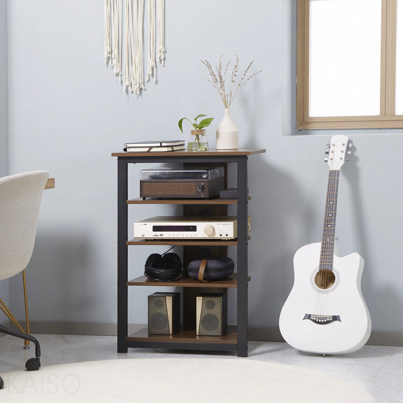 Meuble télé, meuble audio-vidéo, tour audio d'angle avec tablettes de rangement et structure en acier