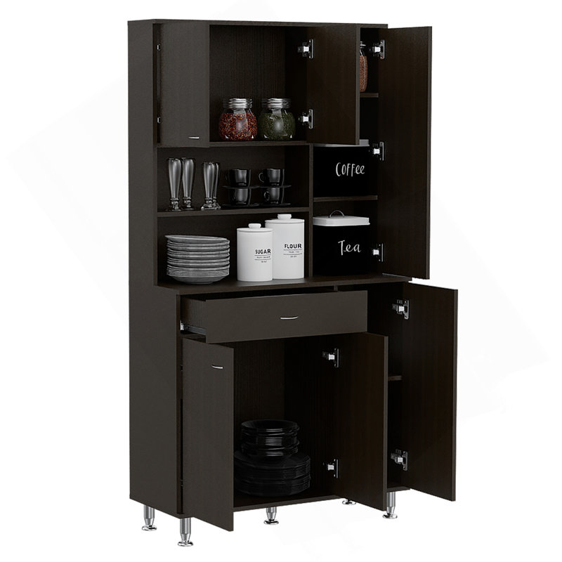Della 90 Kitchen Pantry, One Drawer, Multiple Cabinets, Two Open Shelves -Black