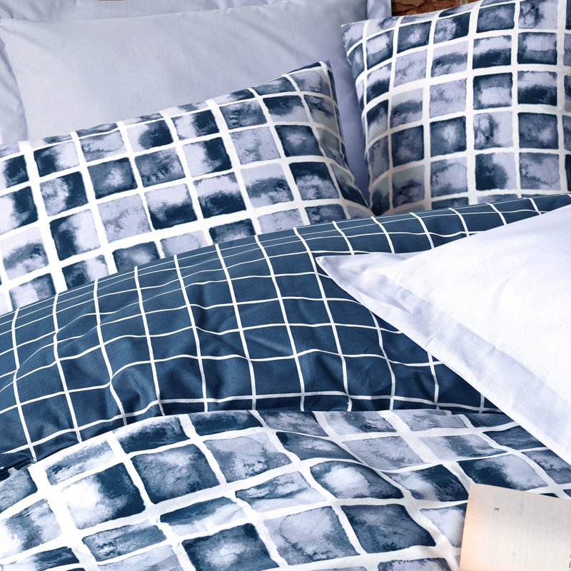 Ensemble de housse de couette moderne bleu 100% coton 4 pièces, Reine