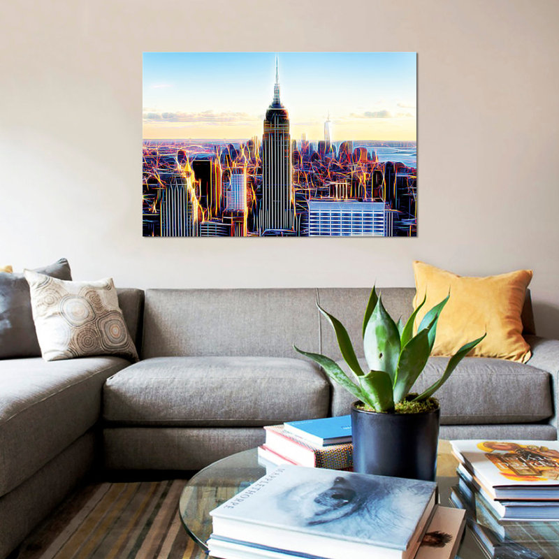 « the skyscrapers », impression sur toile, H 18 po x l 26 po x P 1,5 po, Toile avec cadre noir, Pas de tapis