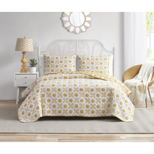 Ensemble de courtepointe réversible en mélange de coton tissé à motif marguerite jaune toutes saisons DESIGN STUDI