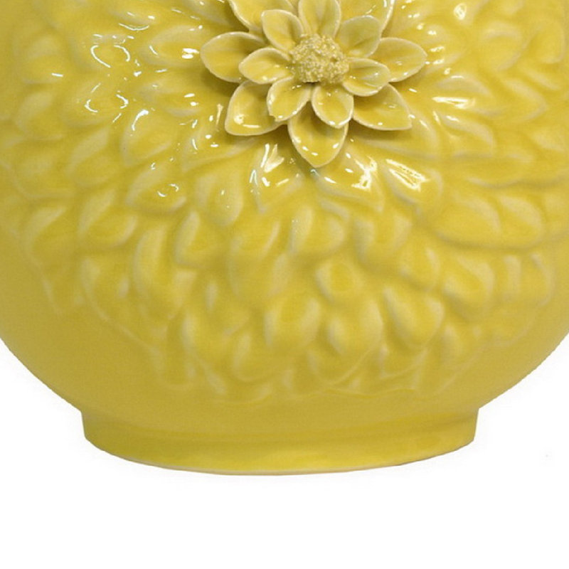 Vase décoratif, appliques 3D Dahlia, pétales en relief, céramique jaune 13 pouces