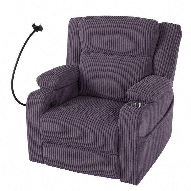 37'' W Upholstered Power Recliner With Massage And Heating, Purple Corduroy