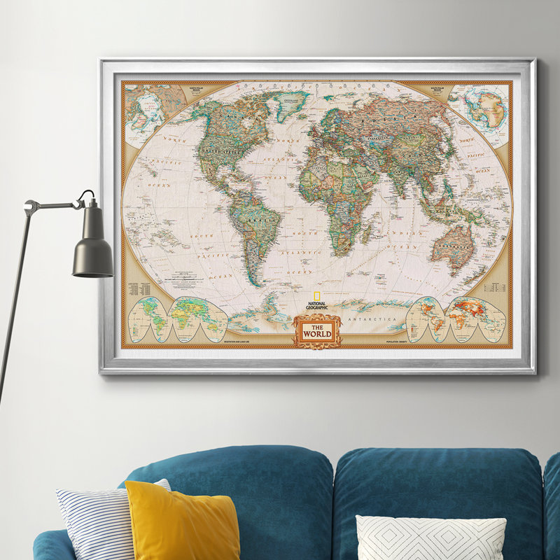 Carte de direction Executive National Geographic avec punaises, 28 x 40, Cadre argenté, L 44 po x H 32 po