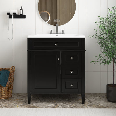 Meuble-lavabo noir avec lavabo supérieur, meuble-lavabo moderne avec 2 tiroirs et un tiroir basculant, meuble-lavabo simple