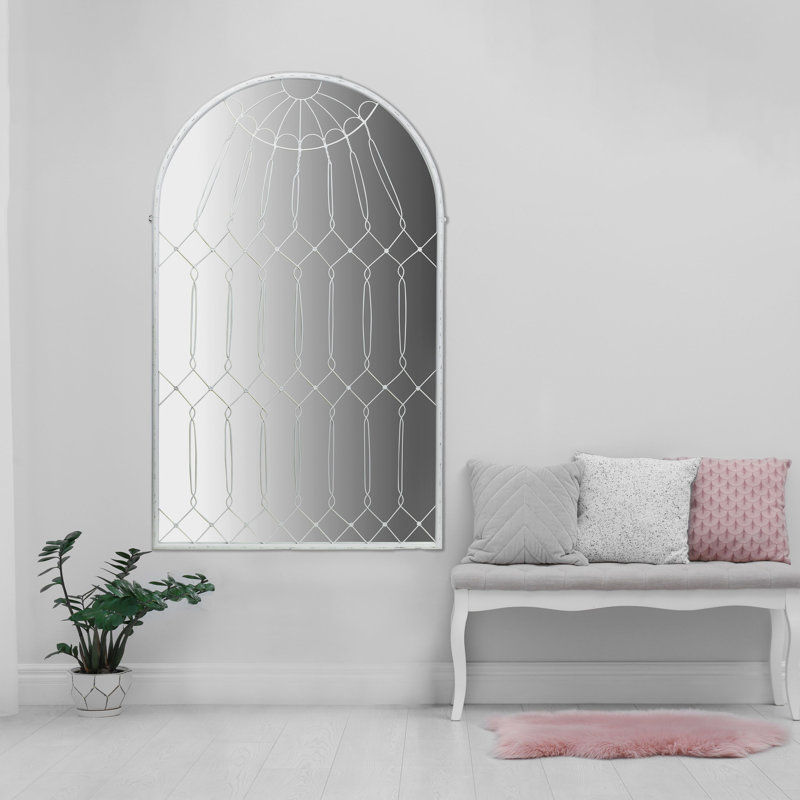 Boxborough Arched Cage Metal Framed Wall Mirror, White