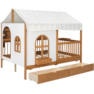 Full Size House Bed with 2 Large Drawers, Side Bookshelf with LED Strip, and Walnut Finish for Cozy and Creative Sleep