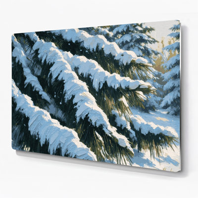 Christmas Fresh snow on pine tree branches Blue Metal Wall Art