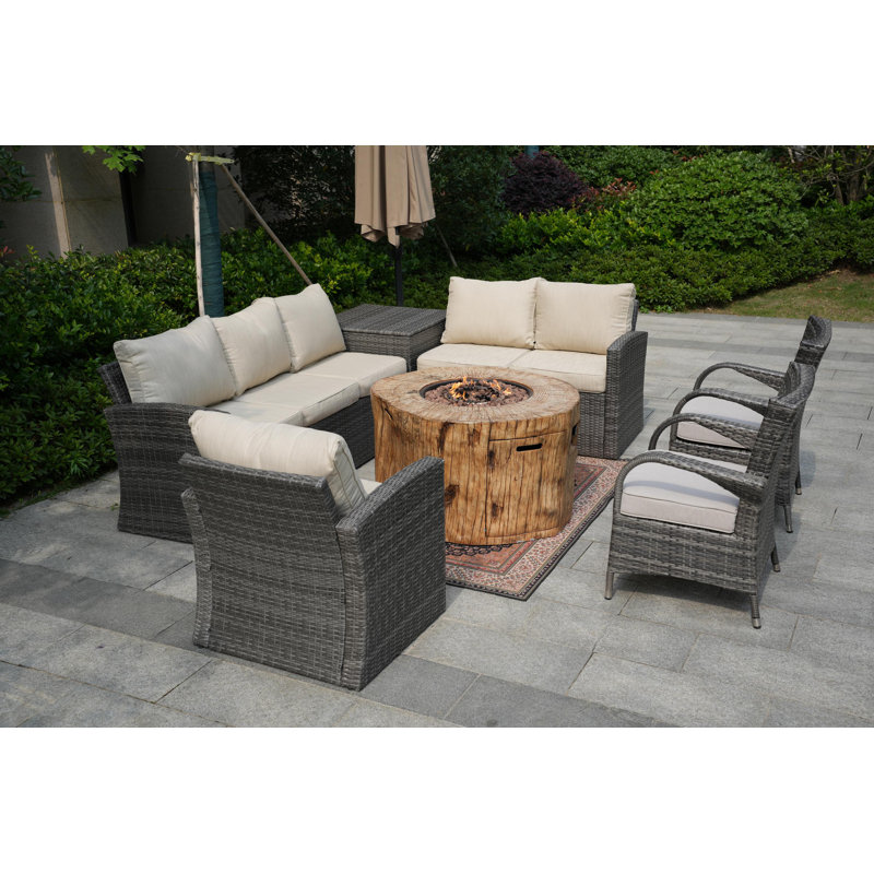 Ensemble de conversation en osier / rotin pour 8 personnes avec coussins Bogdan, gris, Beige / gris clair