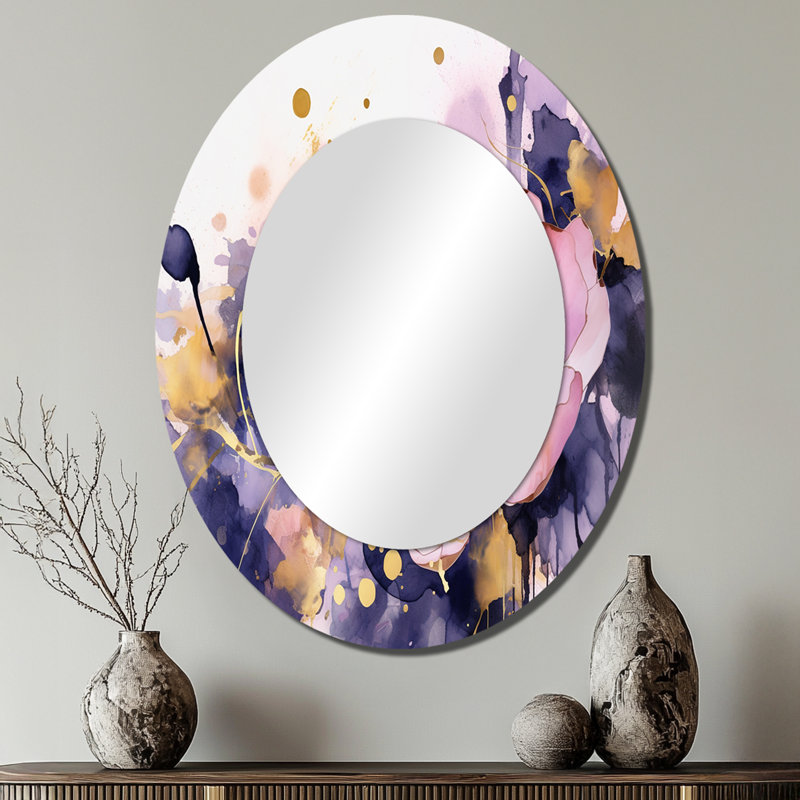 Plantes roses et mauves dans le chaos - Grand miroir mural ovale sur métal, 40 po x 30 po