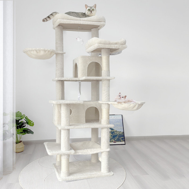 Grand arbre à chat à niveaux multiples de 68 pouces avec hamacs et poteaux à griffer, Beige