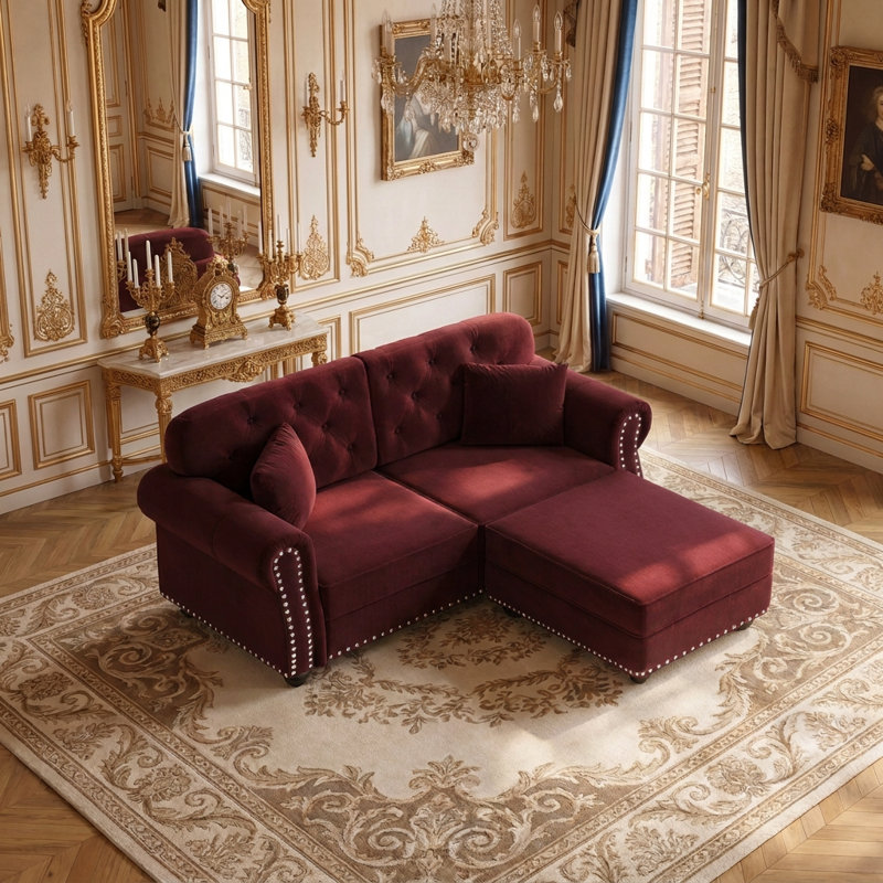 Canapé Chesterfield de 63 po de style Mid-Century moderne avec garniture cloutée, accoudoirs roulés, capitonné et 2 coussins