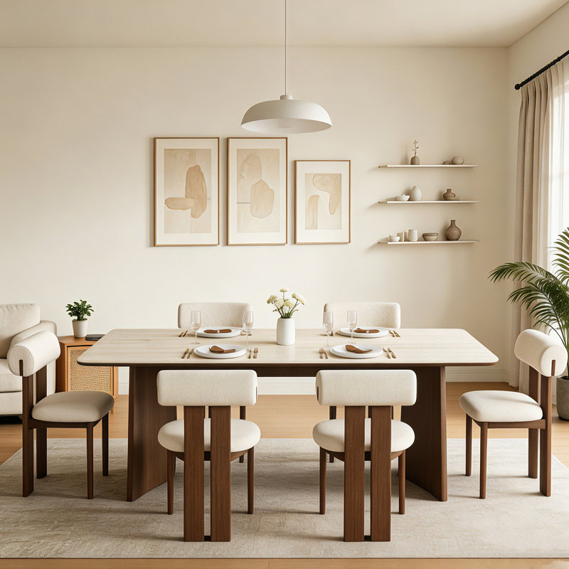 70.8 Inch Rectangular Dining Table Set with 6 Upholstered Chairs, Modern Stone Top Dining Table, Natural Walnut Tone Legs Dining Room Furniture for Kitchen Dining Area