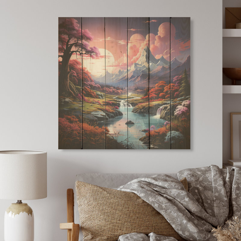 Charme de montagne fantaisie au clair de lune - Montagnes, art sur bois de pin naturel, H 15 po x l 15 po