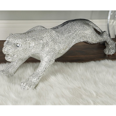 Woonsocket Polystone Floor Leopard Sculpture with Carved Faceted Diamond Exterior