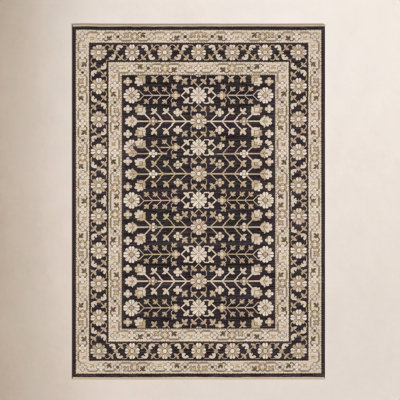 Abena Traditonal Bordered Floral Black/ Beige Wool Blend Area Rug