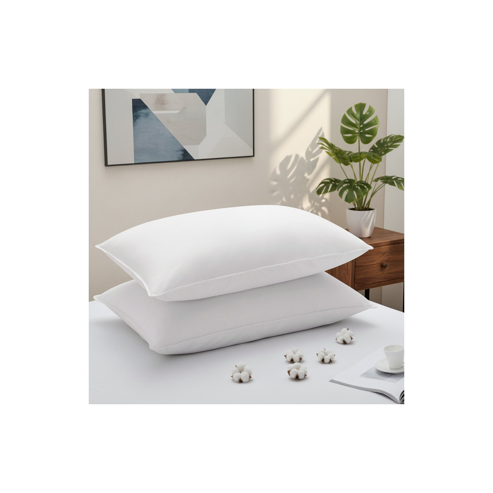 Goose Feather Down Blend Pillow, 100% Cotton Shell, Medium Support Sleep Pillows, King, White