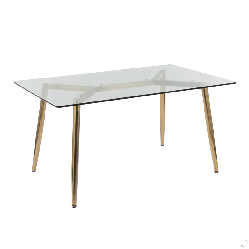 Table de salle à manger en métal doré et verre transparent
