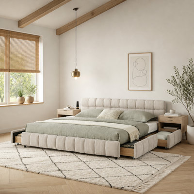 California King Chenille Bed With Soft Headboard & Storage Drawer – Modern Low-profile Design