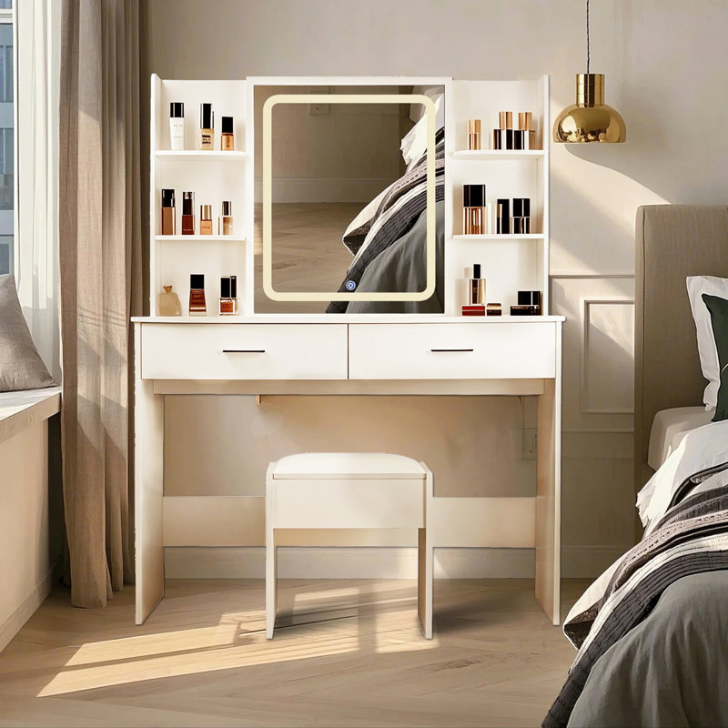 Bureau de coiffeuse avec miroir et lumières, coiffeuse de maquillage avec 2 tiroirs et 6 tablettes de rangement, 3 modes d'éclairage à luminosité réglable, coiffeuse avec prise de courant et tabouret rembourré, coiffeuse de maquillage