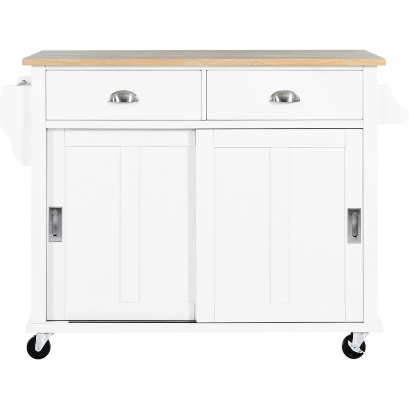 Îlot de cuisine blanc avec chute en bois d'hévéa et porte cachée. 2 tiroirs, tablettes réglables. 4 roulettes, chariot d'allure moderne, rangement à hauteur lisse,