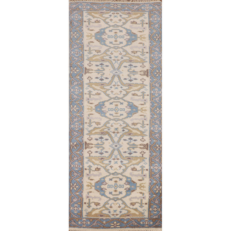 Ivory & Blue Handmade Oushak Indian Runner Rug 3x8