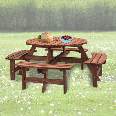8 Person Wooden Picnic Table, Outdoor Camping Dining Table With Seat, Garden, Diy W/ 4 Built-In Benches, 2220Lb Capacity